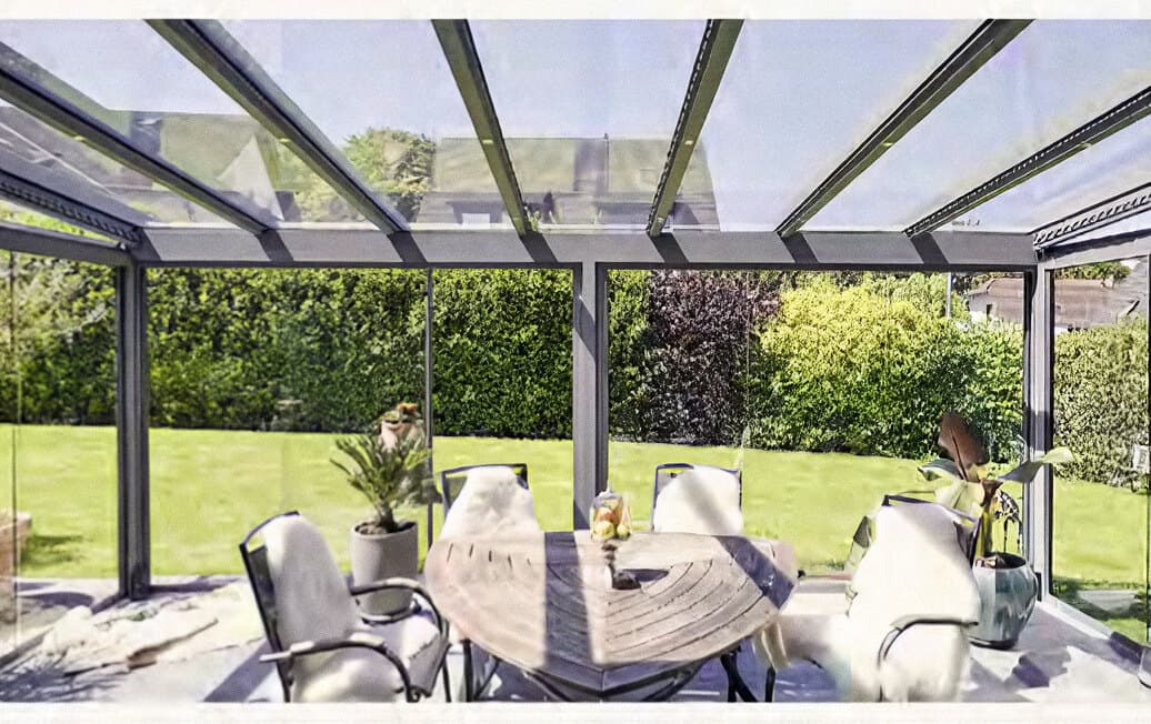 Sommergarten mit verglastem Dach und Blick in den Garten